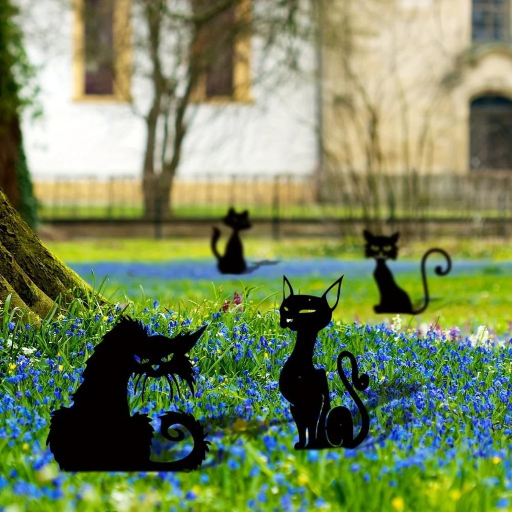 Estaca Decorativa de Metal em Forma de Gato Preto para Jardim