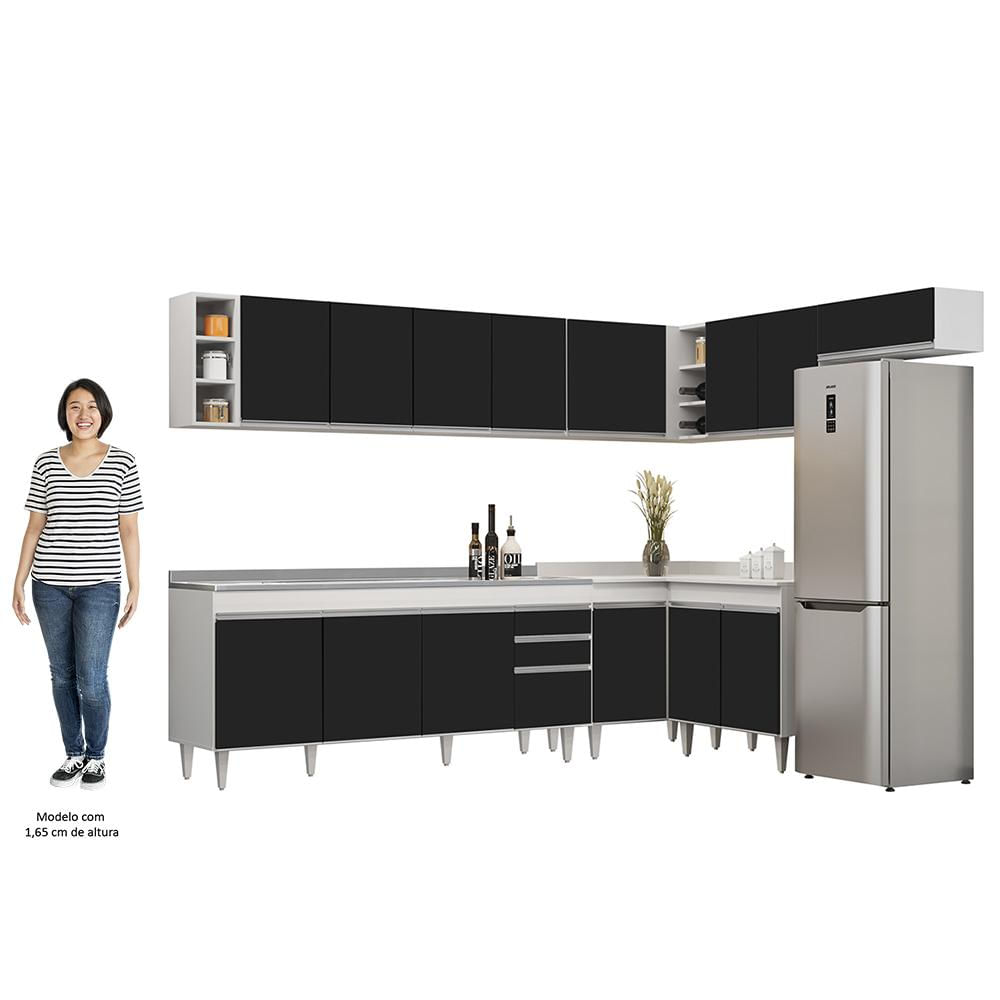 Armário de Cozinha Modulado de Canto 8 Peças CP27 com Pia Inox Branco/Preto - Lumil