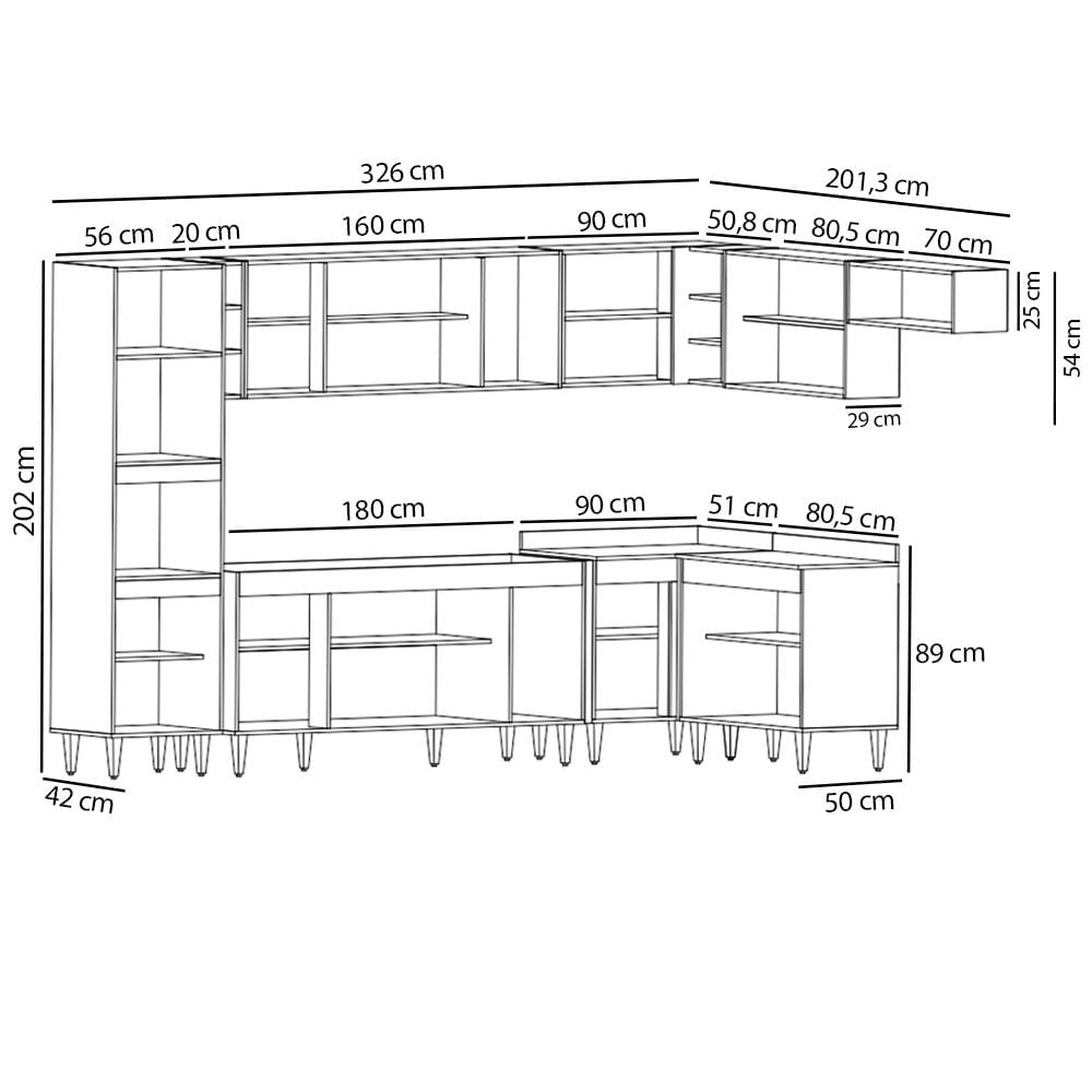 Armário de Cozinha Modulada de Canto 9 Peças CP04 Balcão Branco/Preto - Lumil