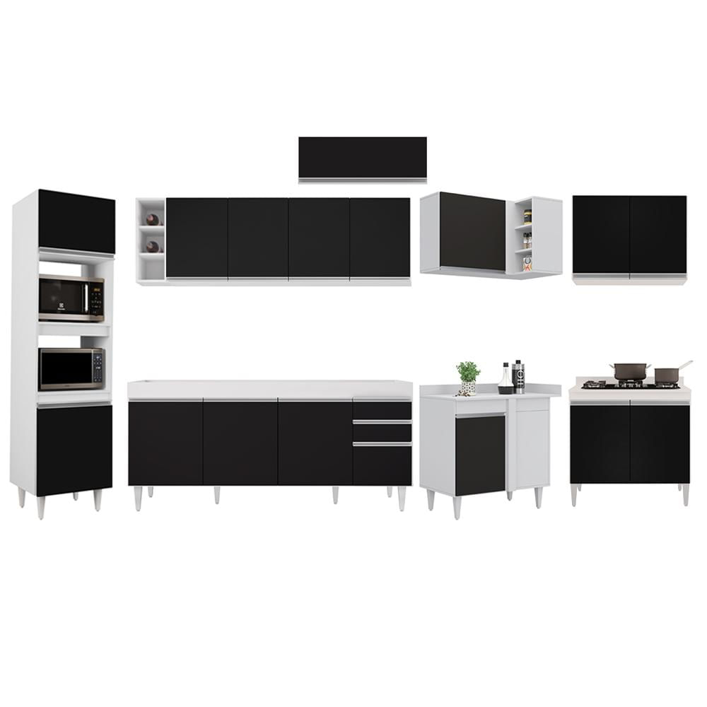 Armário de Cozinha Modulada de Canto 9 Peças CP04 Balcão Branco/Preto - Lumil