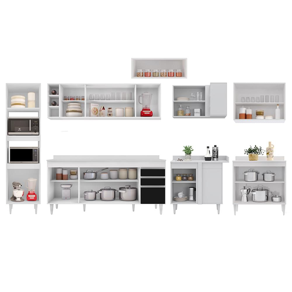 Armário de Cozinha Modulada de Canto 9 Peças CP05 Balcão com Tampo Branco/Preto - Lumil