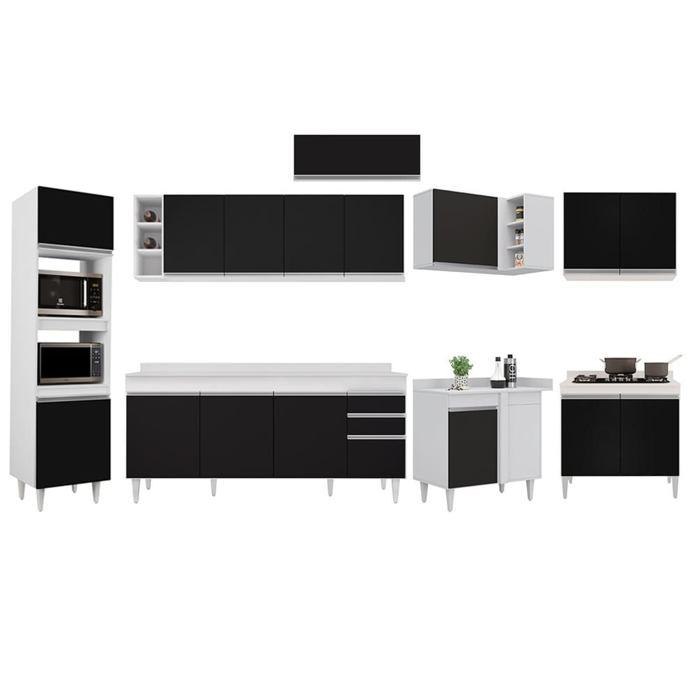 Armário de Cozinha Modulada de Canto 9 Peças CP05 Balcão com Tampo Branco/Preto - Lumil