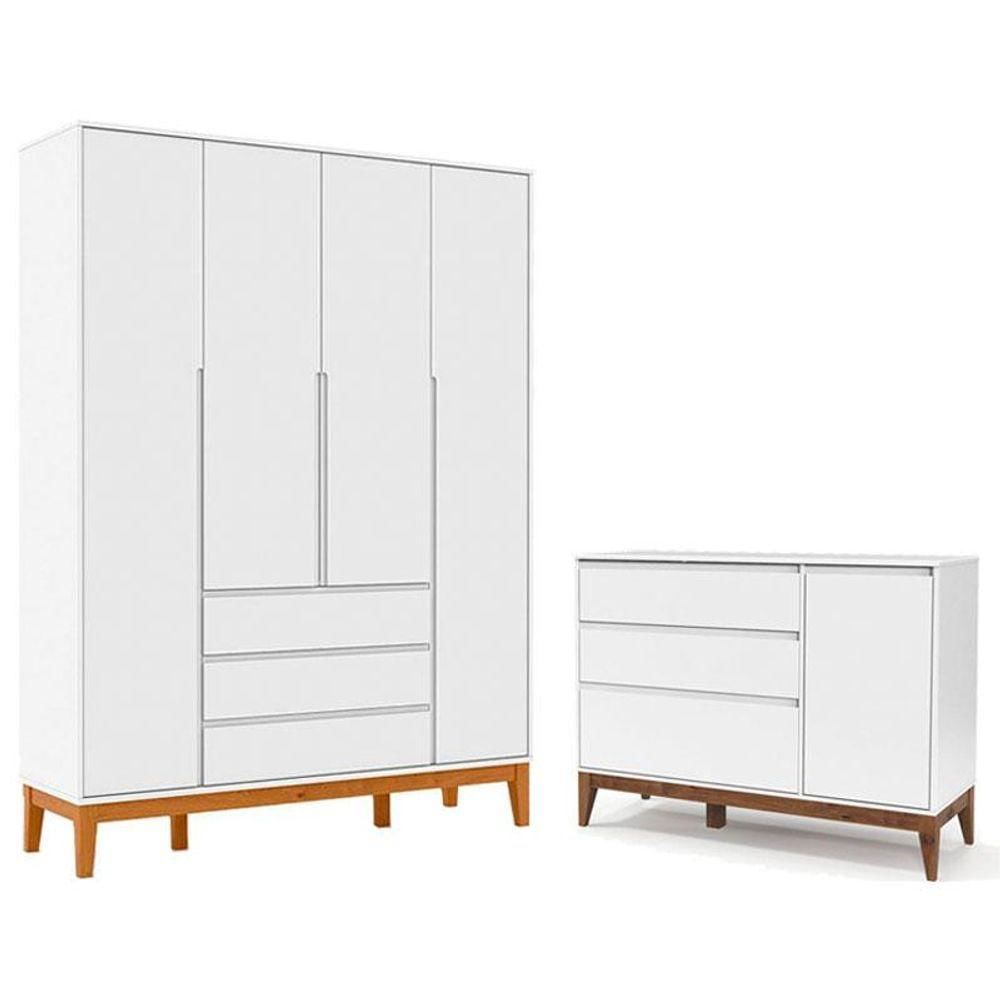 Cômoda Com Porta E Guarda Roupa Infantil Nature Clean 4 Portas Branco Soft Eco Wood - Matic