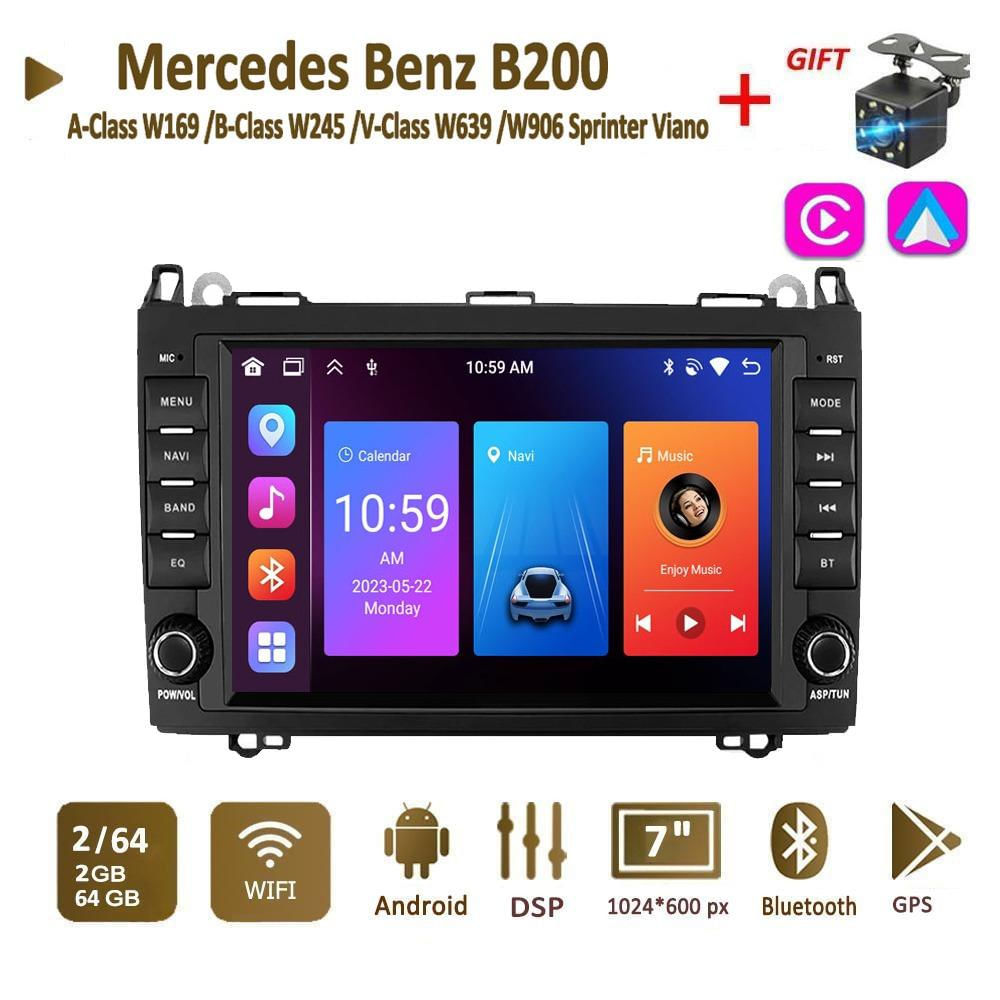 Android Auto Rádio para Mercedes Benz Classe A W169 B W245 V W639 W906 Sprinter Viano Carplay GPS 2din 2+32GB / preto