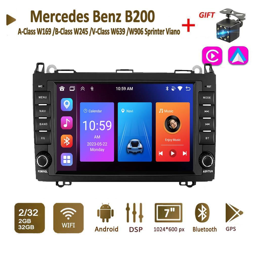 Android Auto Rádio para Mercedes Benz Classe A W169 B W245 V W639 W906 Sprinter Viano Carplay GPS 2din 2+32GB / preto