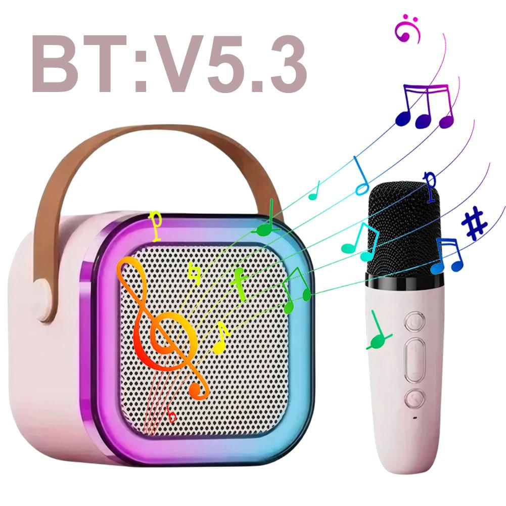 Caixa de Som Pequena Bluetooth 5.3 com Microfone Sem Fio e Luzes LED Ajustáveis 2 mic / rosa