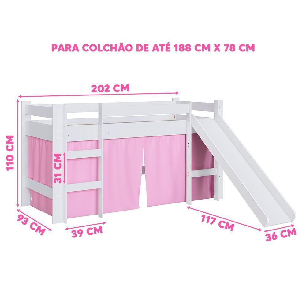 Cama Infantil Com Escorregador Branco E Cortina Rosa