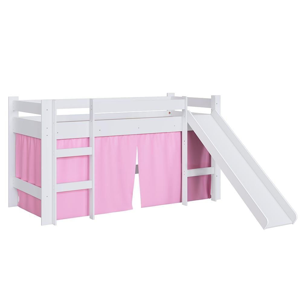 Cama Infantil Com Escorregador Branco E Cortina Rosa