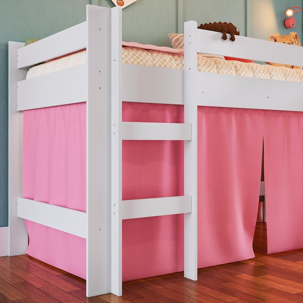 Cama Infantil Com Escorregador Branco E Cortina Rosa