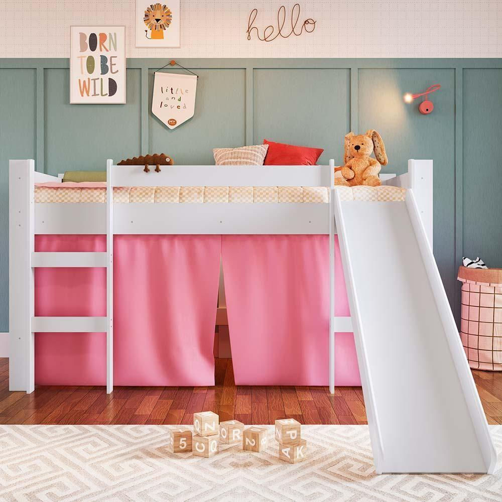 Cama Infantil Com Escorregador Branco E Cortina Rosa