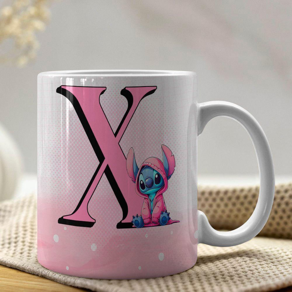 Caneca De Porcelana Stitch Letras A-z 325ml Rosa X