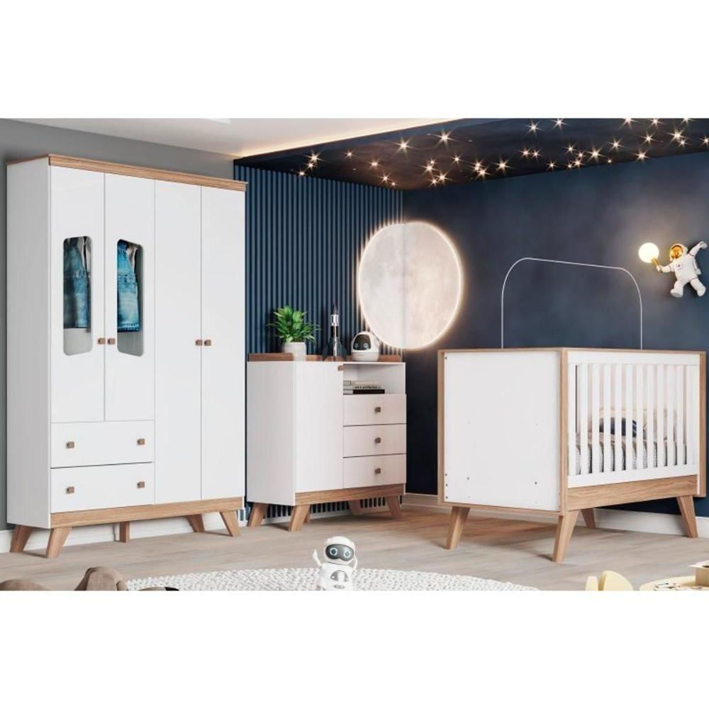 Quarto De Bebê Completo Confete 3 Peças (1 Guarda Roupa + 1 Berço + 1 Cômoda) Qi57 Branco-jequitiba