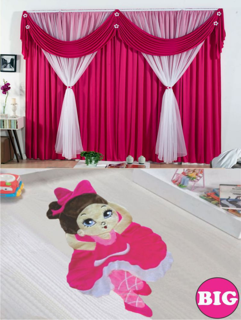 Kit decoração p/ Quarto de Menina = Cortina Malha Jéssica + Tapete Pelucia Big  Jully - Pink