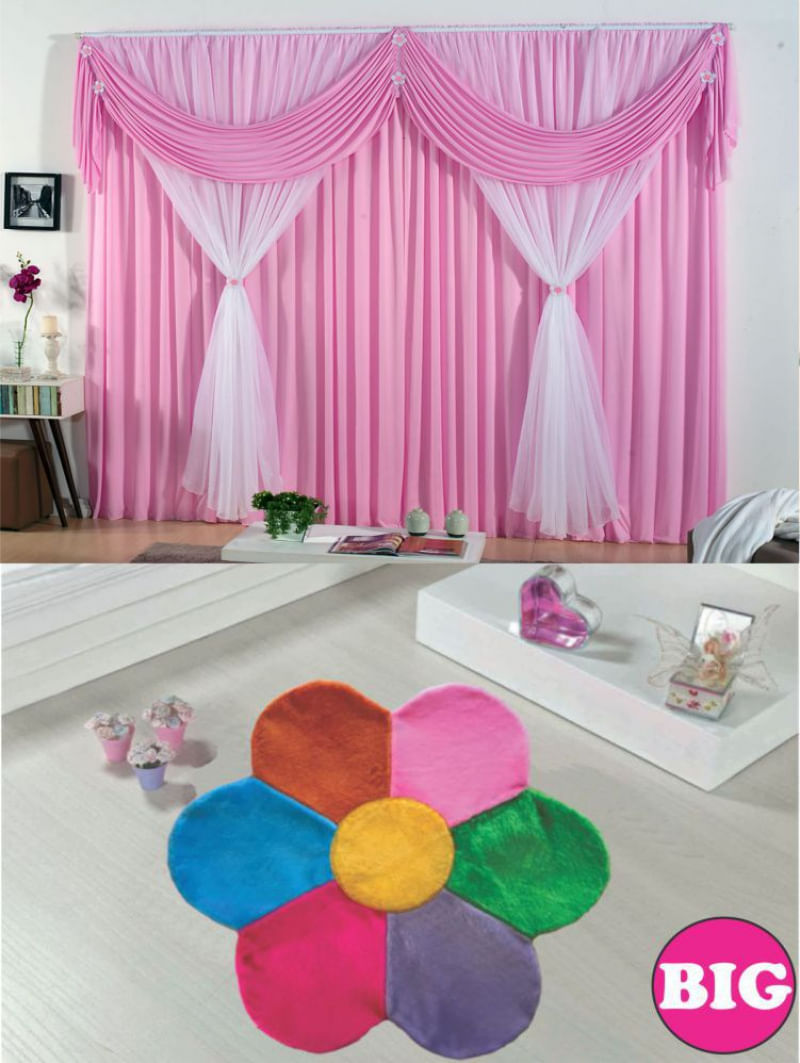 Kit decoração p/ Quarto de Menina = Cortina Malha Jéssica + Tapete Pelucia Big  Margarida - Rosa