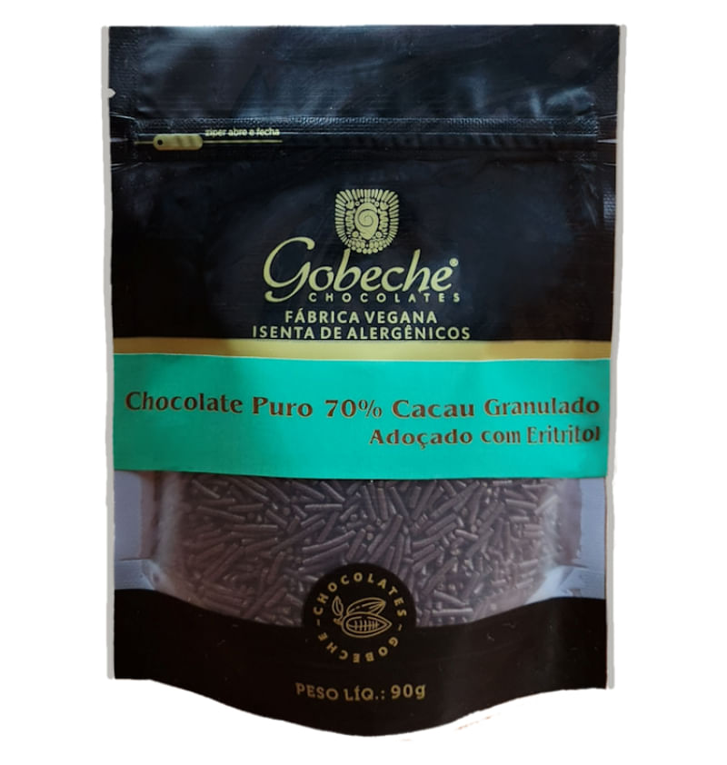 Chocolate Puro 70% Cacau Granulado Gobeche - Adoçado com Eritritol - 90g