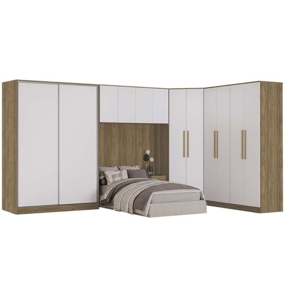 Guarda Roupa Closet De Quarto Adapt 5 Peças (2 Armários + 1 Ponte Aérea + 1 De Canto Obliquo + 1 Complemento) Qcm131 Nogueira-branco