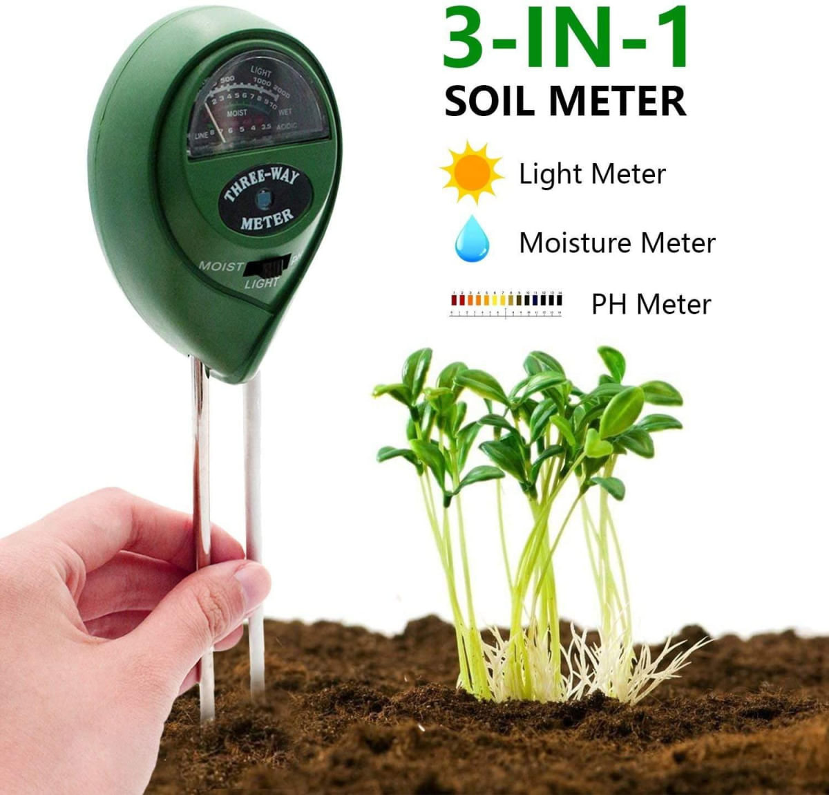 Testador de Solo 3 em 1 - pH, Umidade e Luz para Plantas verde