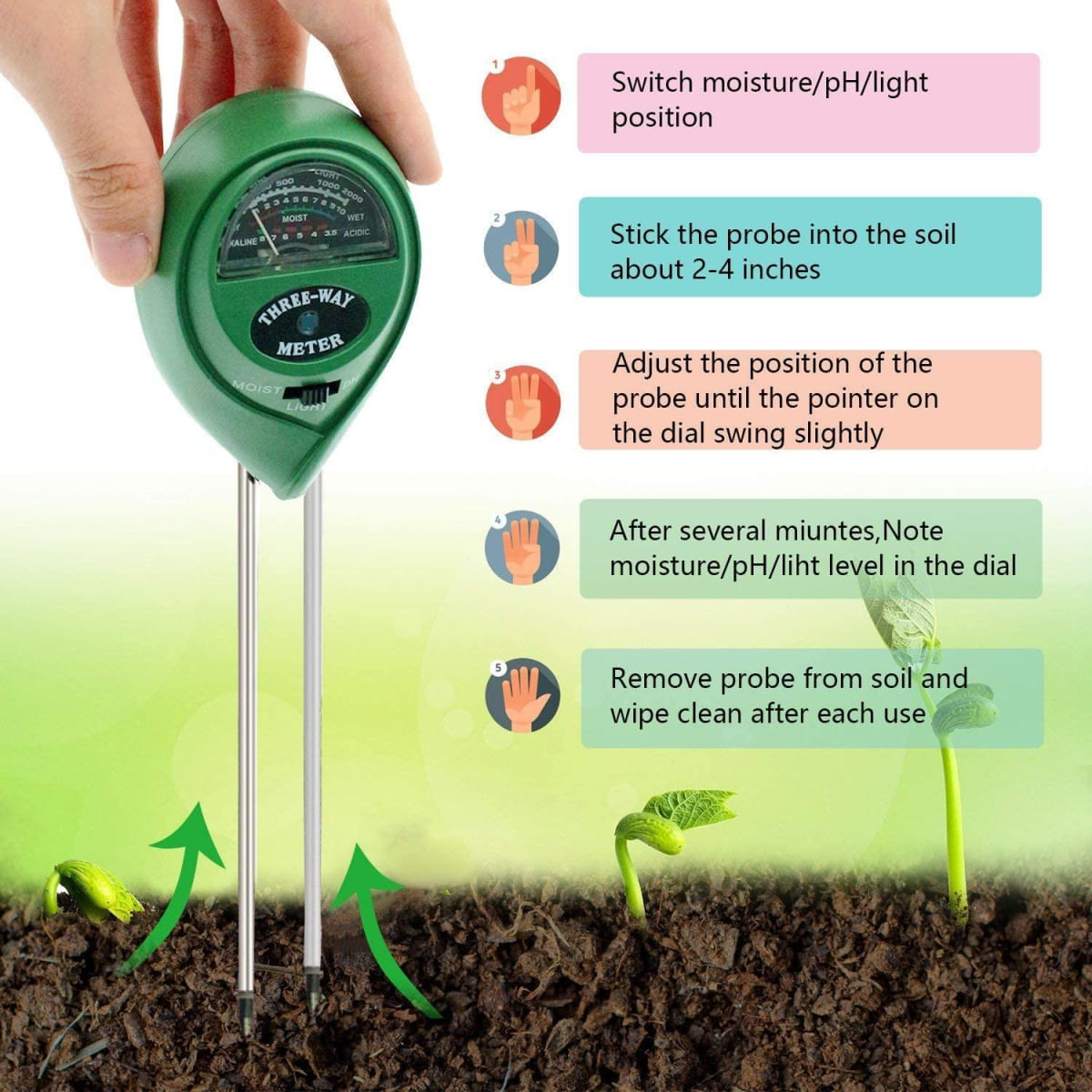 Testador de Solo 3 em 1 - pH, Umidade e Luz para Plantas verde