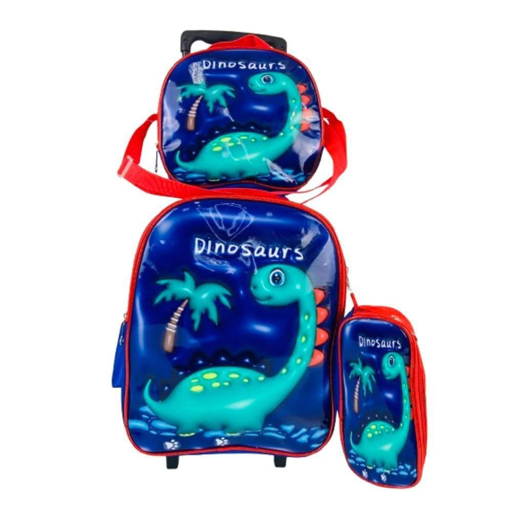 Kit Mochila Infantil Com Rodinhas Meninos Bolsa Escolar Dinossauro Estojo E Lancheira Térmica Dino