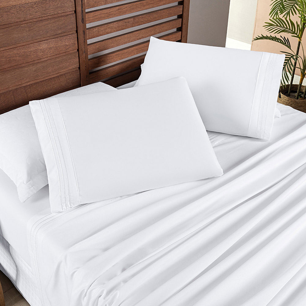 Jogo Cama Lençol Honore King Micro Percal 200 Fios c/ Detalhes Bordados 4 Peças - Branco Neve