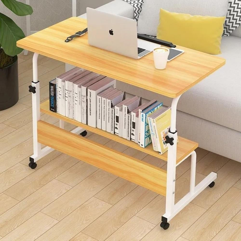 Mesa Para Notebook Altura Ajustavel Home Office Cama Rodinhas E 2 Prateleiras Multiuso Luxo