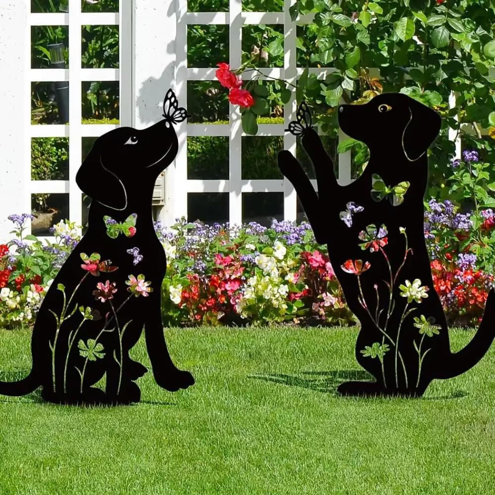 2 peças de decoração de metal para jardim – estacas em forma de cachorro.