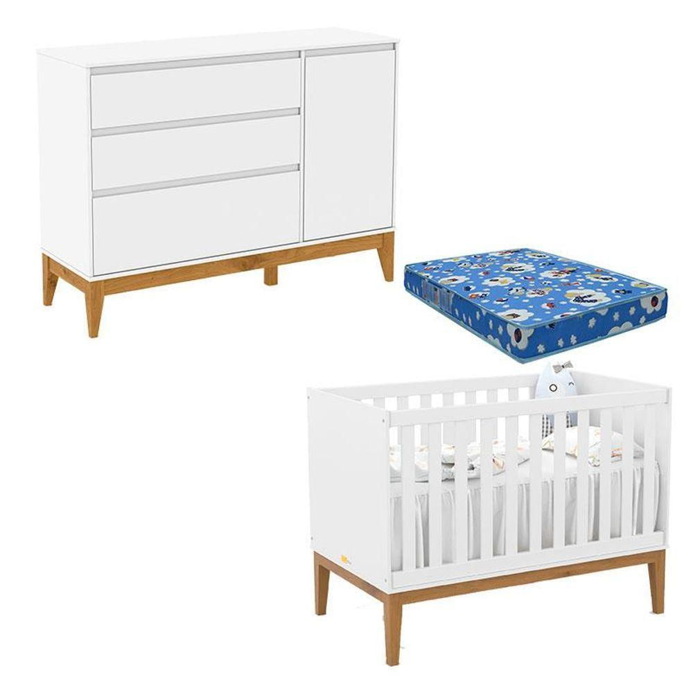 Berço Americano Unique E Cômoda Com Porta Nature Clean Branco Soft Eco Wood Com Colchão Ortobom