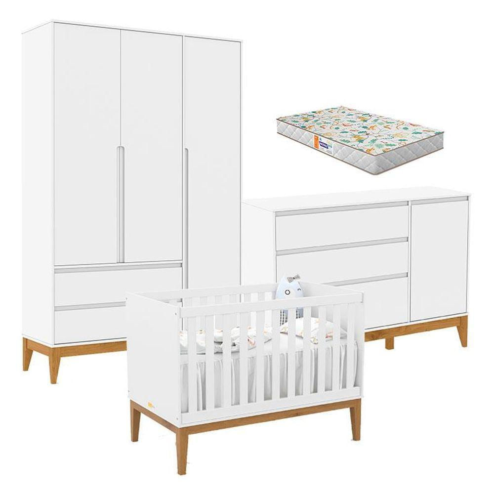 Quarto De Bebê Nature Clean 3 Portas Com Berço Unique Branco Soft Eco Wood E Colchão Gazin - Matic