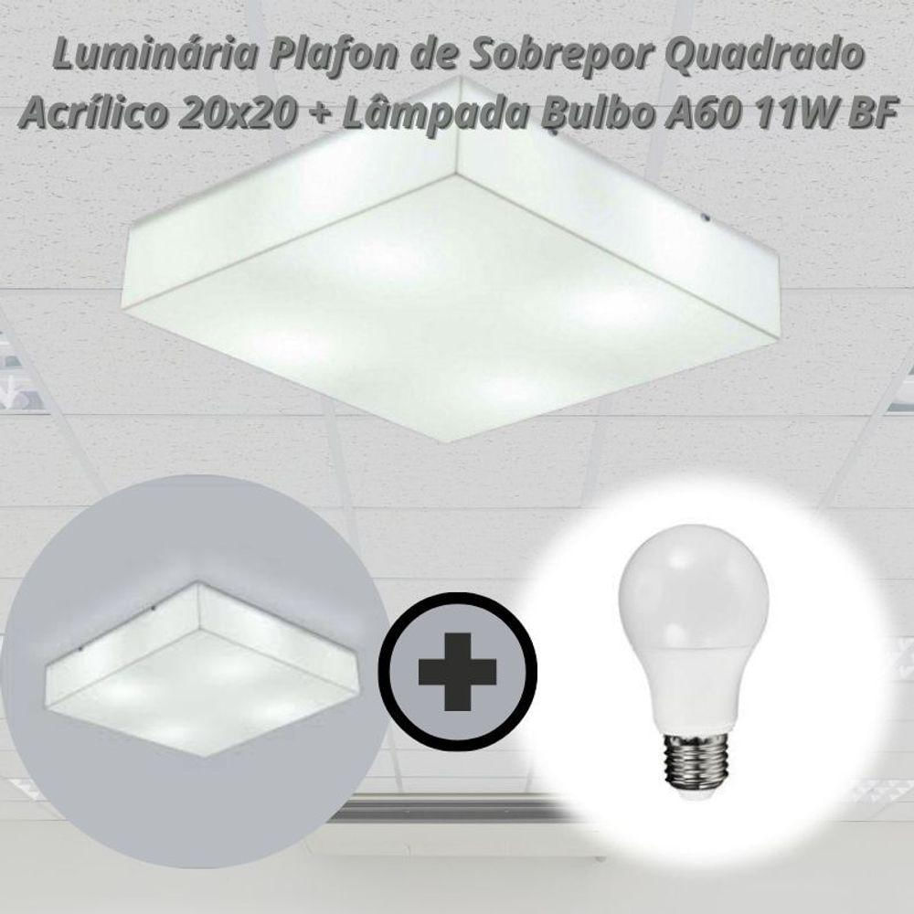 Luminária Plafon De Sobrepor Quadrado Acrílico 20x20 + Bulbo A60 11w Bq