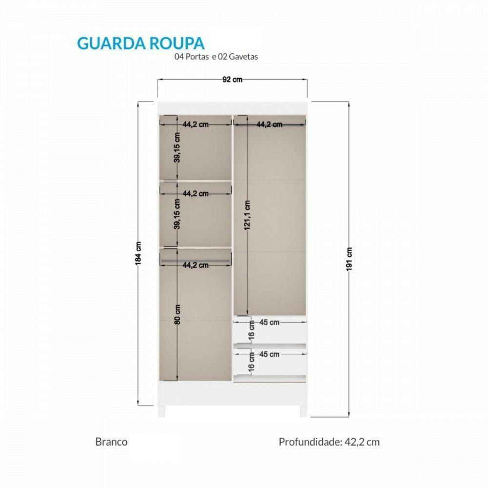 Guarda Roupa Solteiro Com Pés 4 Portas 2 Gavetas Branco