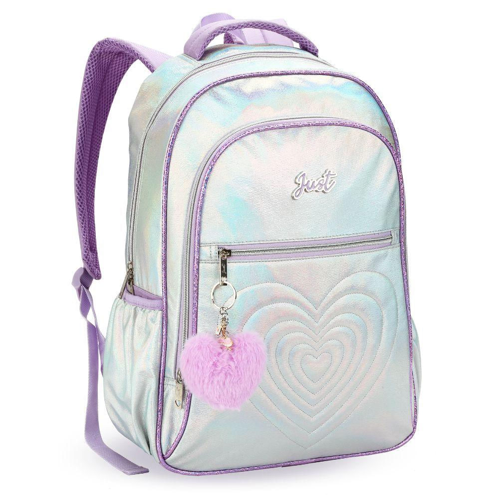 Mochila De Costas Love Just Coração Com Pompom E Chaveiro Denlex Lilás