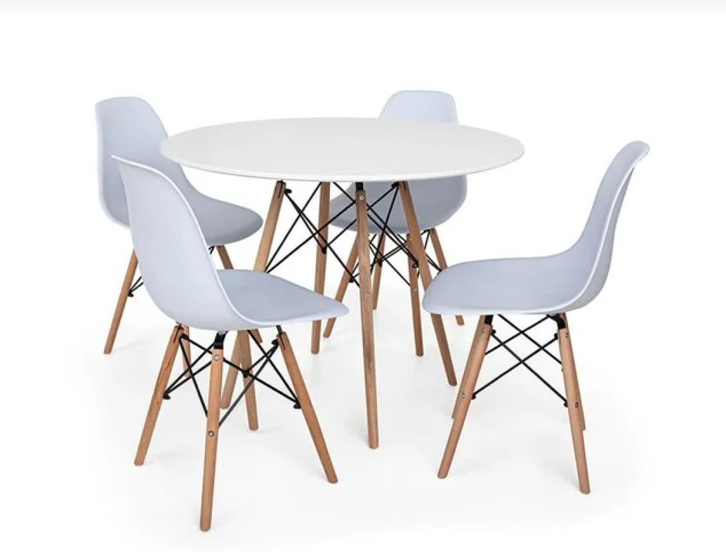 Conjunto de Mesa 4 Cadeiras Brancas Eames Eiffel 110cm Base Madeira Tampo Branco