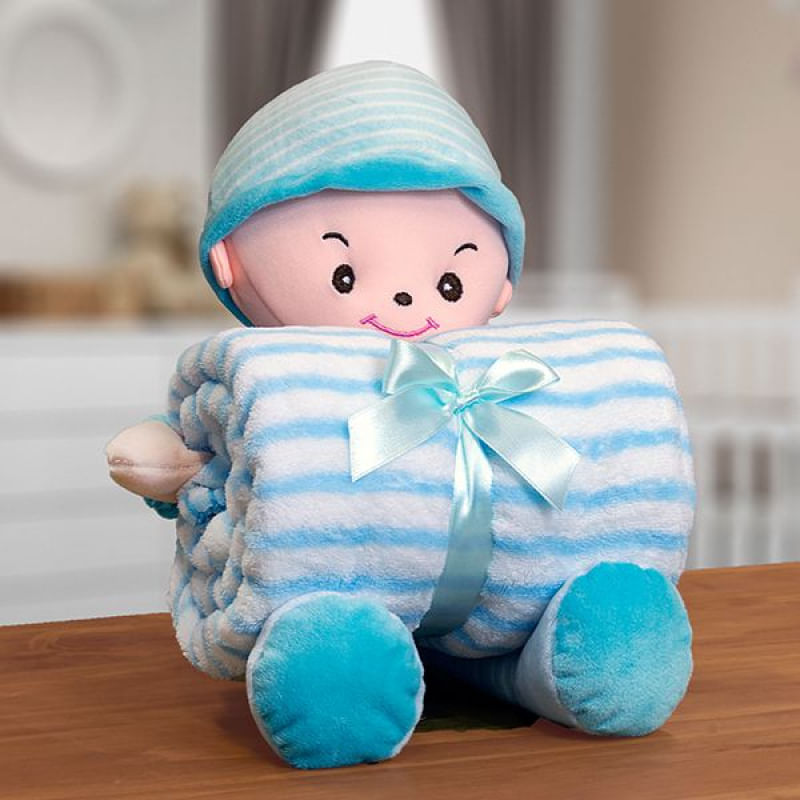 Manta Baby com Boneco de Pelúcia Bouton Microfibra Boy Azul