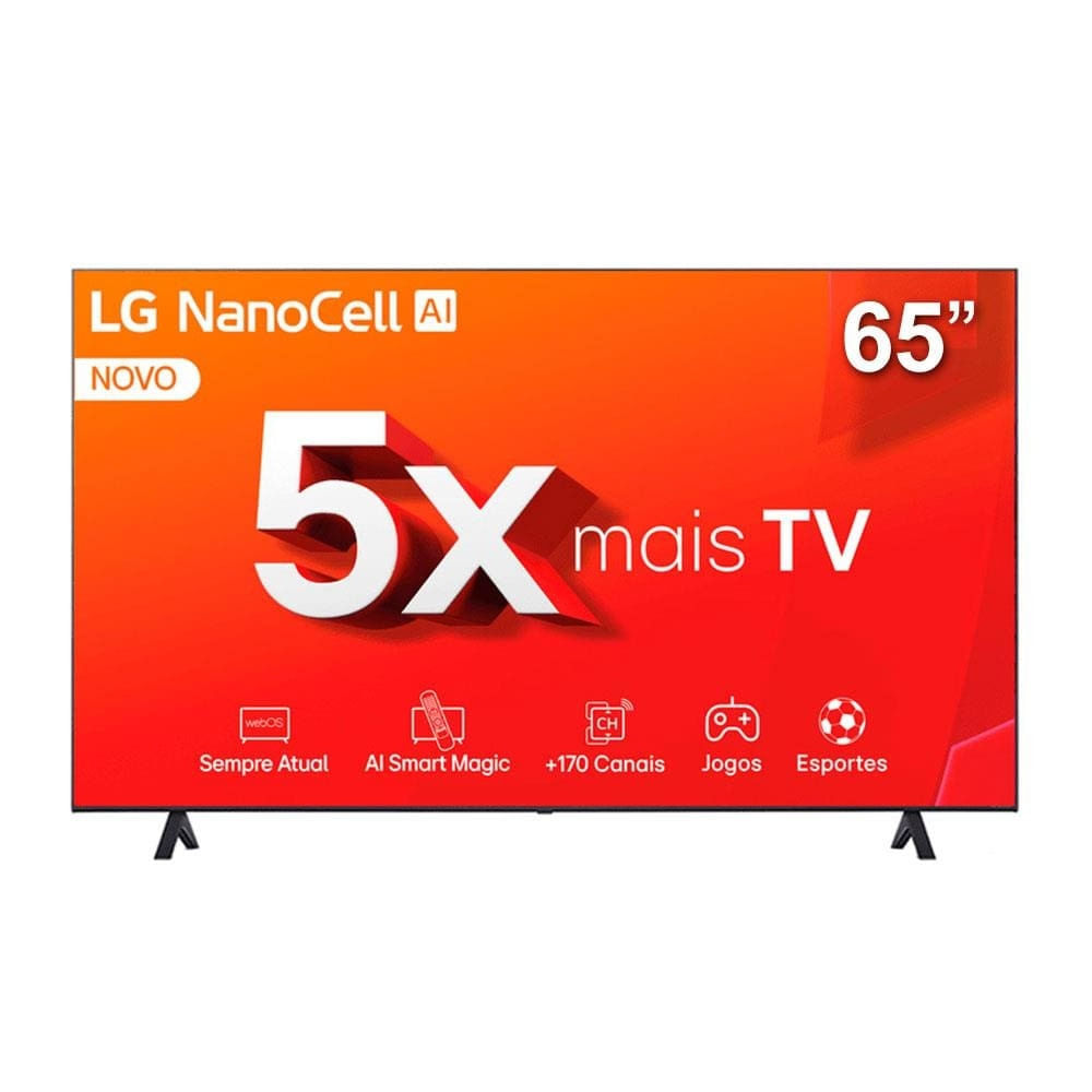 Smart TV 4K 65 LG NanoCell 65NANO80T com Processador a5 Ger7 AI, Hub de Esportes, Alexa/Chromecast integrado, webOS 24 Preto chumbo / Bivolt