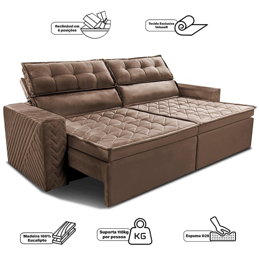 Sofá 4 Lugares Cama inBox Belém Retrátil/Reclinável com 230 cm de Largura e Revestido em Suede Velusoft Castor