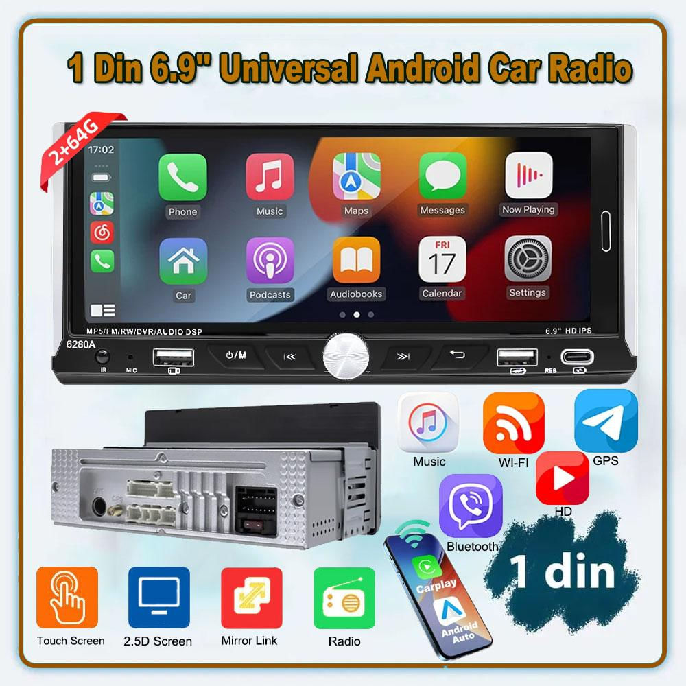 Rádio Automotivo Universal Android 6.9'' com Carplay e Android Auto, 2GB+64GB