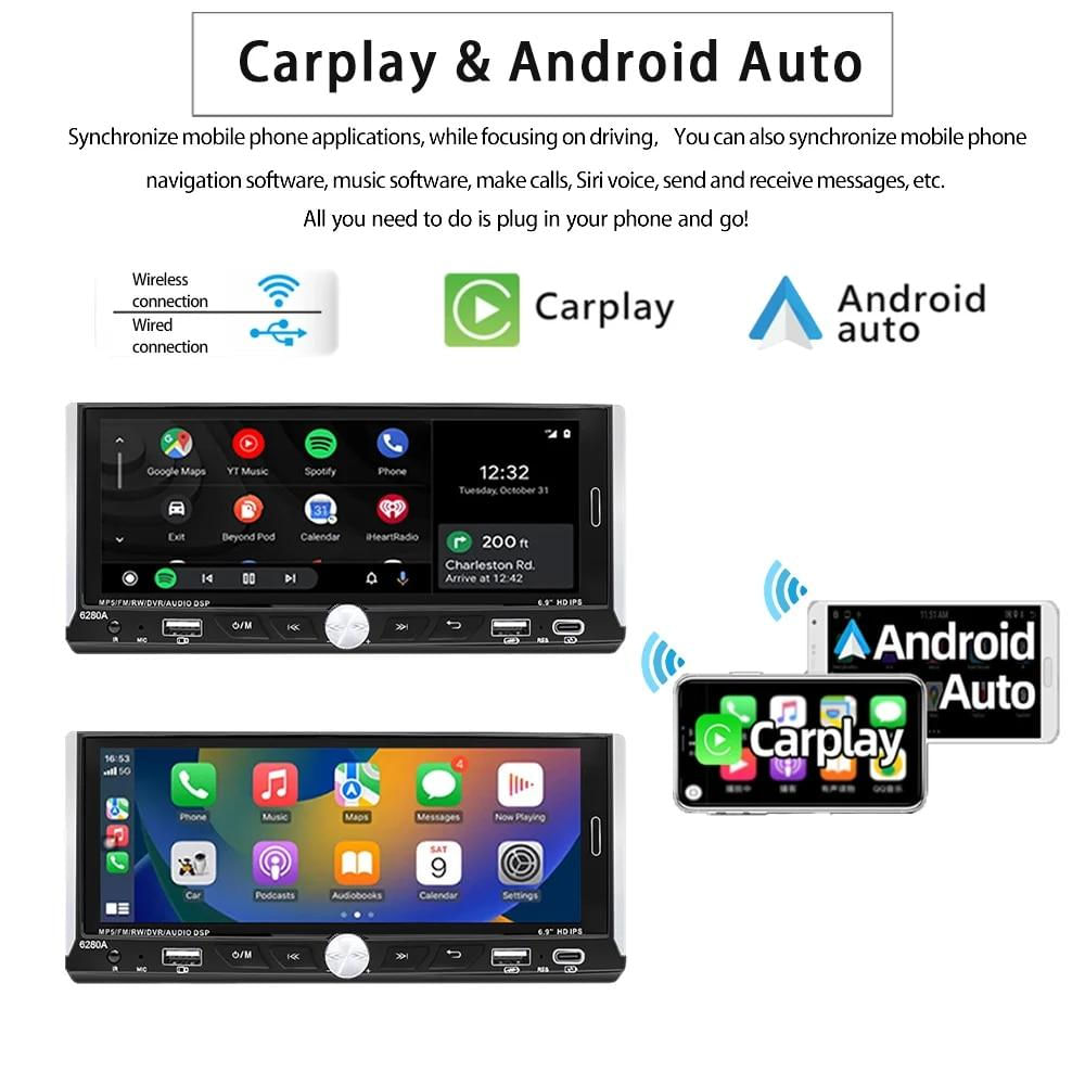 Rádio Automotivo Universal Android 6.9'' com Carplay e Android Auto, 2GB+64GB 2GB 64GB / preto