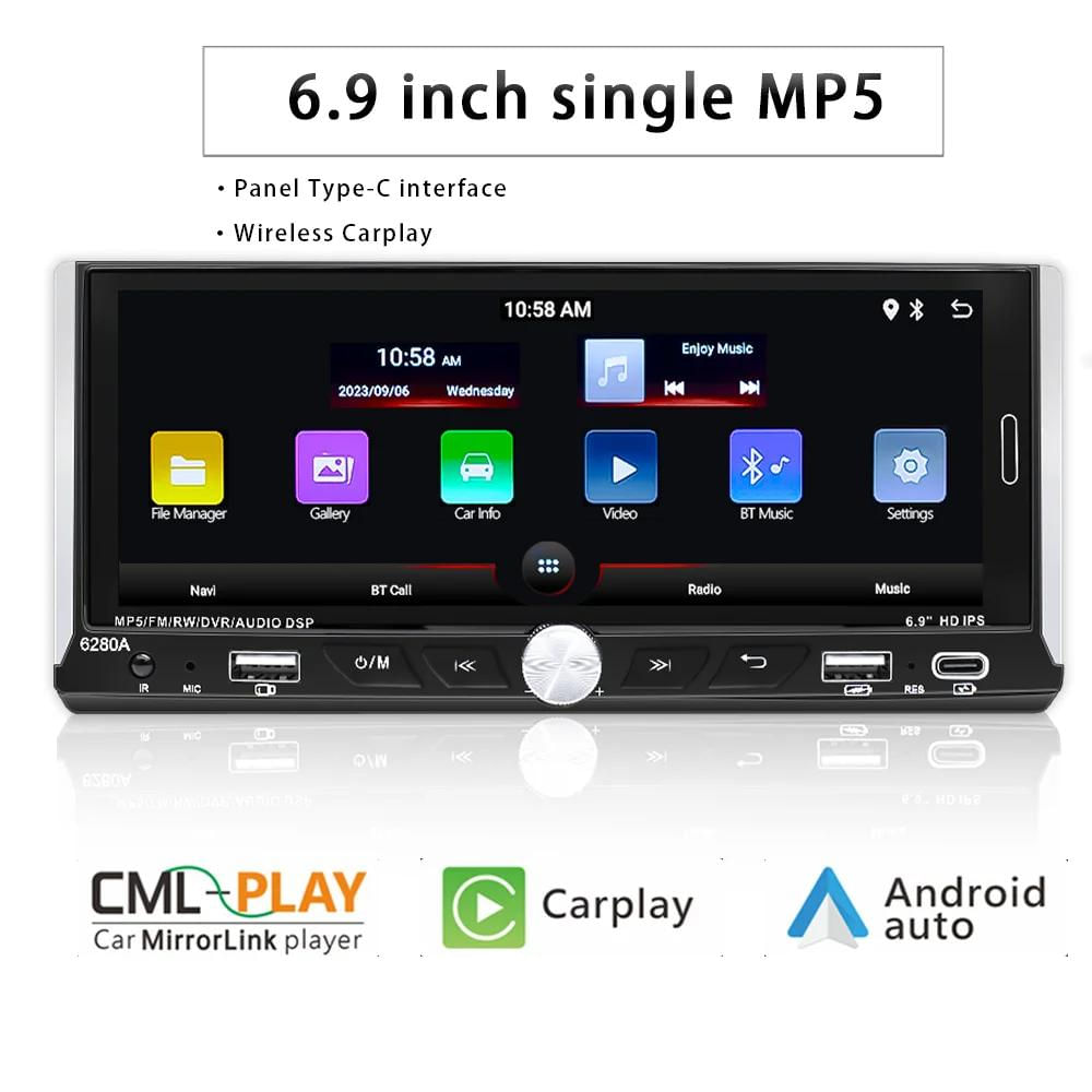 Rádio Automotivo Universal Android 6.9'' com Carplay e Android Auto, 2GB+64GB 2GB 64GB / preto