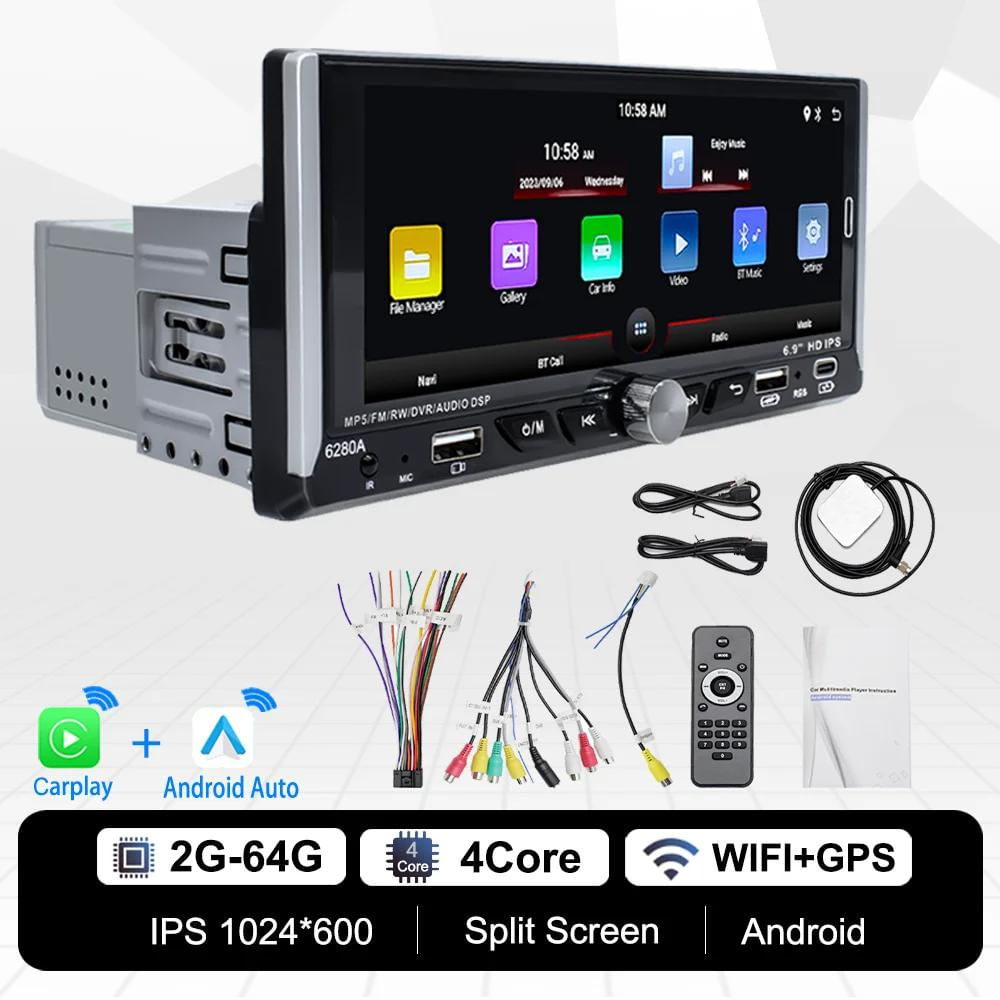 Rádio Automotivo Universal Android 6.9'' com Carplay e Android Auto, 2GB+64GB 2GB 64GB / preto