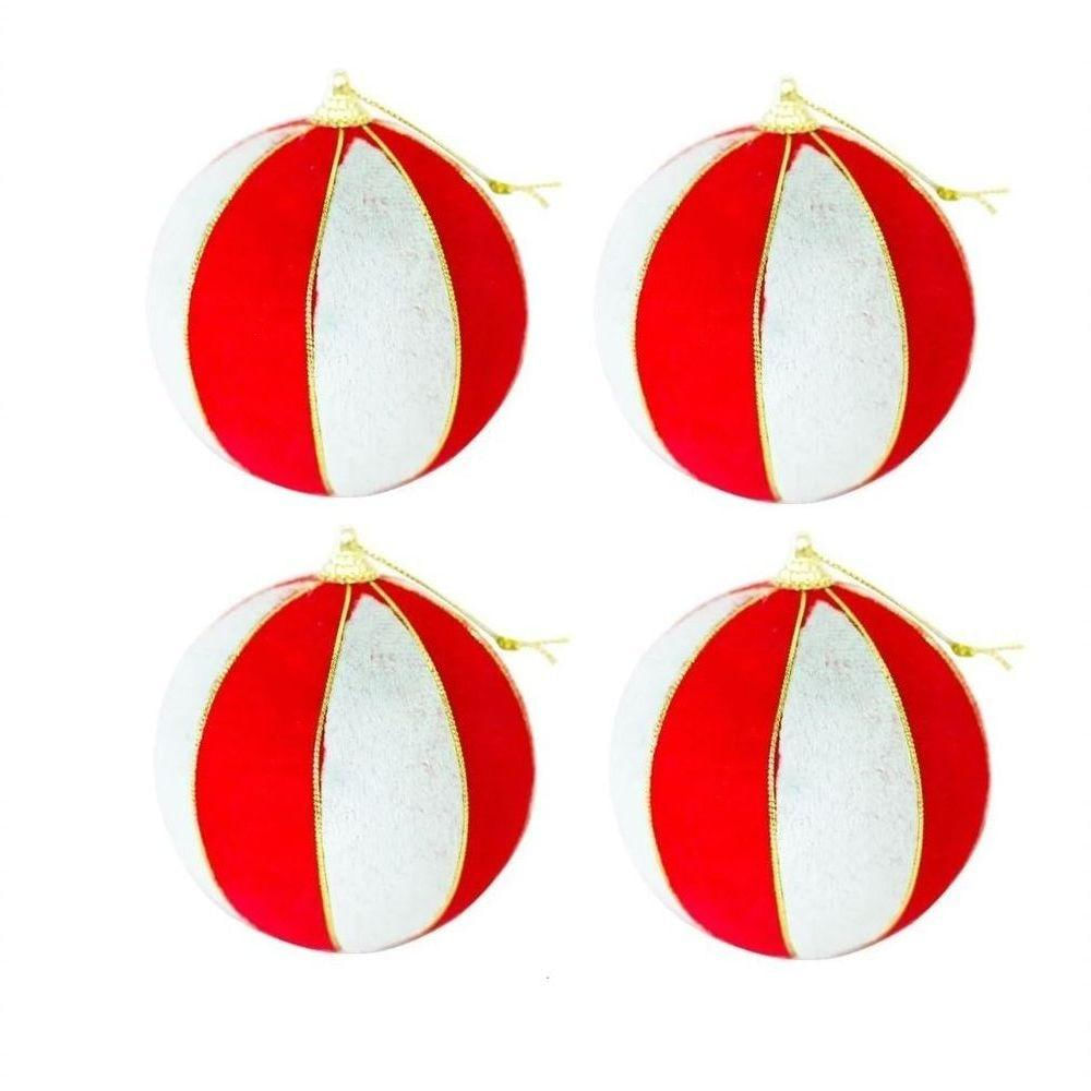 Conjunto Com 04 Bolas Camurça Vermelho E Verde Com Linhas Douradas 8cm Ht9226 - Master Christmas Verde Claro