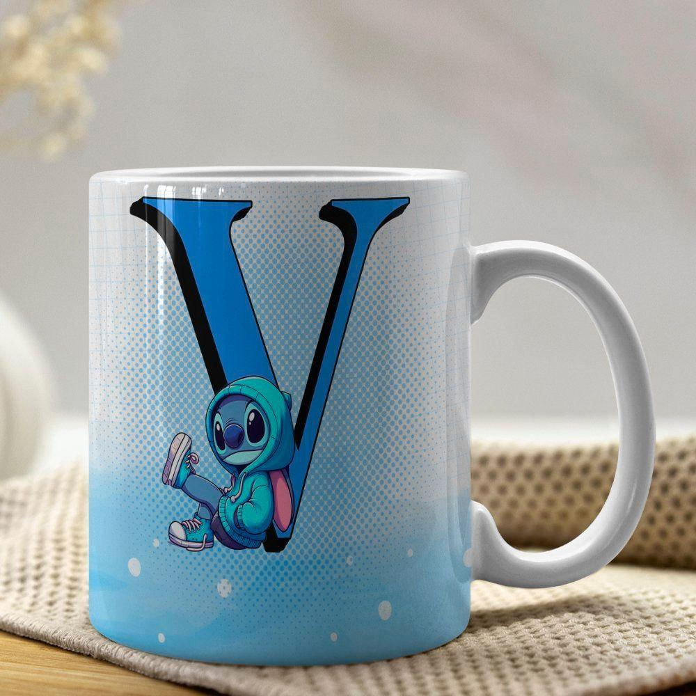 Caneca De Porcelana Stitch Letras A-z 325ml Azul V