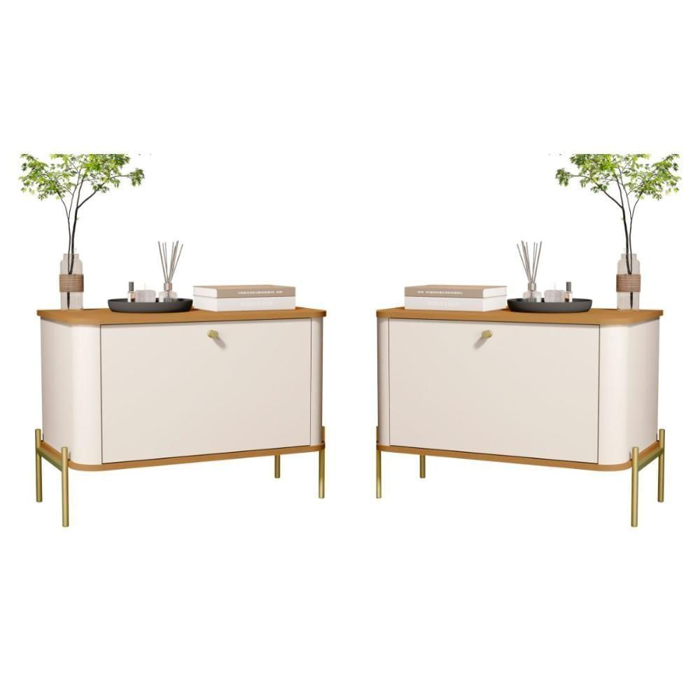 Conjunto Mesa De Cabeceira Albania Off White Nature Dourado