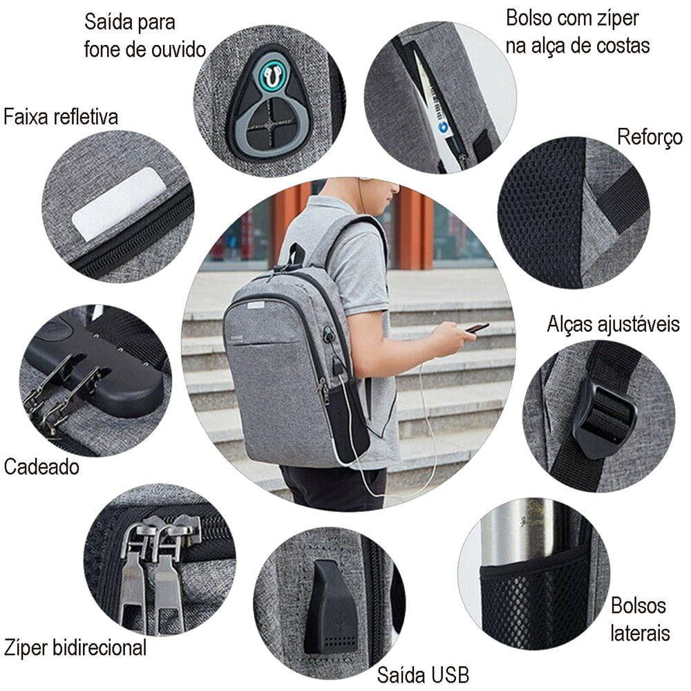 Mochila Notebook Com Cadeado Anti Furto Lorben Saída Cabo Auxiliar Usb Fone Ouvido Gt6238