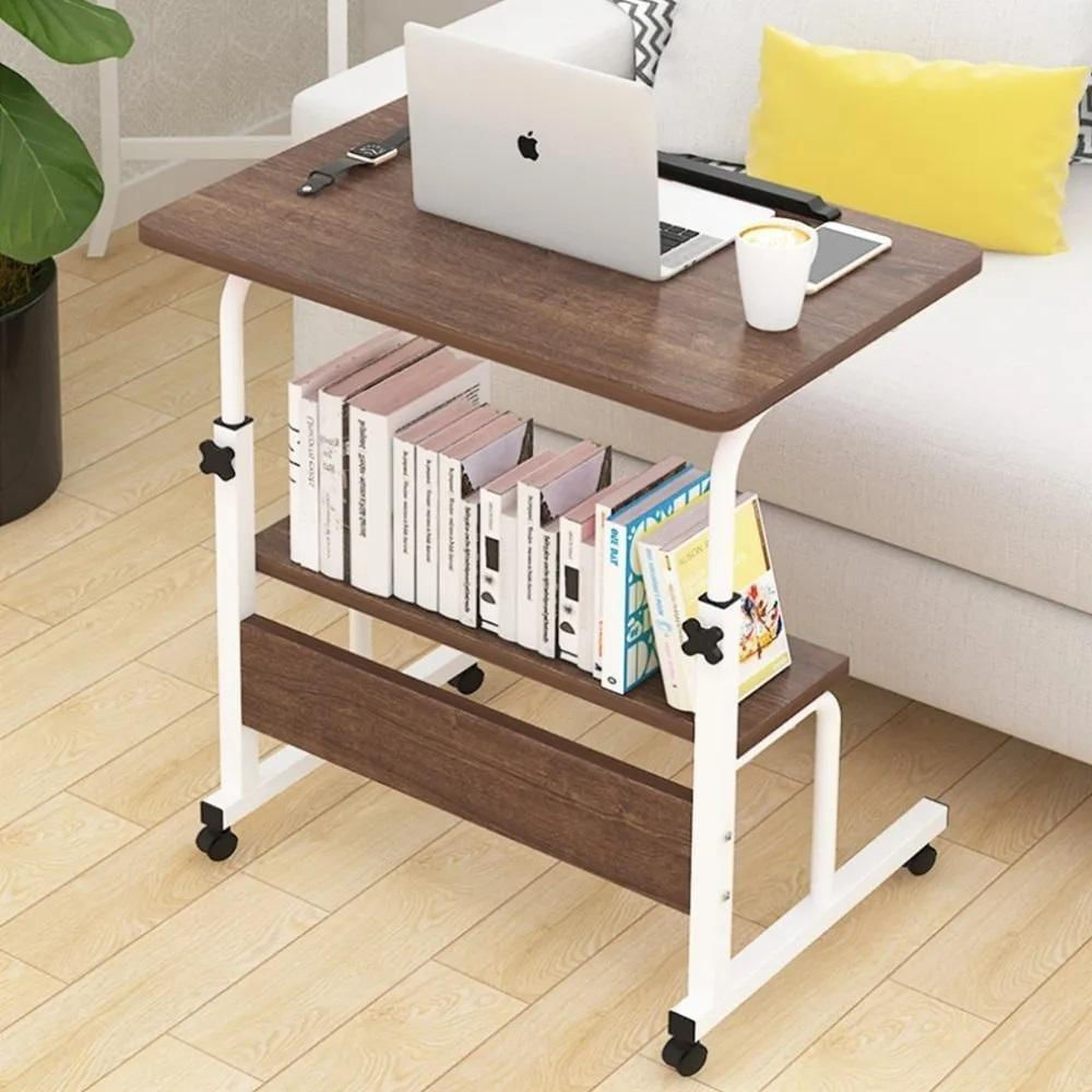 Mesa Para Notebook 2 Prateleiras Altura Ajustavel Organizador Estante Home Office Cama Rodinhas Multiuso Marrom