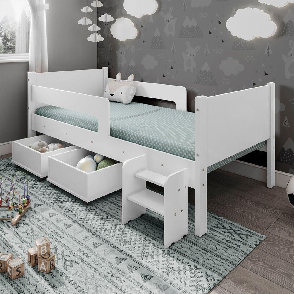 Cama Infantil Com 2 Baus Organizador E Escada Luna Plus Branco Com Colchão - Branco