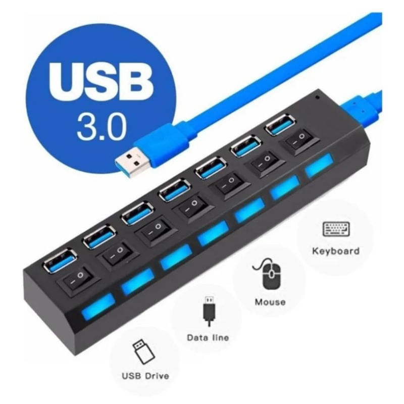 Hub Régua Usb 3.0 Extensão 7 Portas Pc Hd Externo Pen Drive