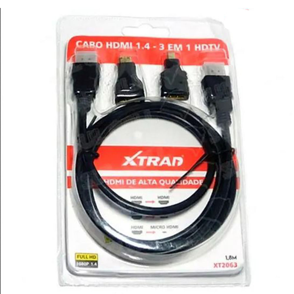 Cabo Hdmi 1,8M 4 Em 1 HDTV Mini HDMI Micro HDMI Xtrad XT2063