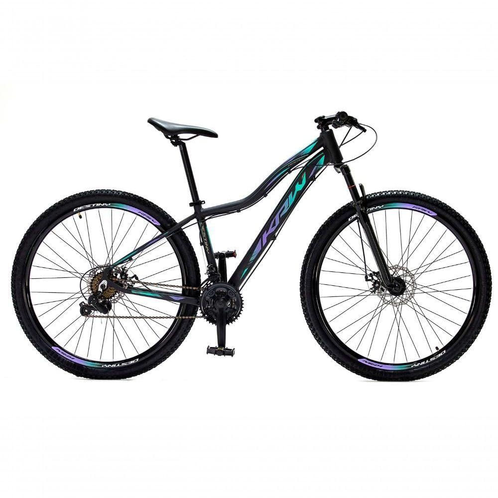 Bicicleta Aro 29 Krw Alumínio 27 Vel Freio A Disco Suspensão Dianteira S7 15.5 Preto-Lilás E Turquesa