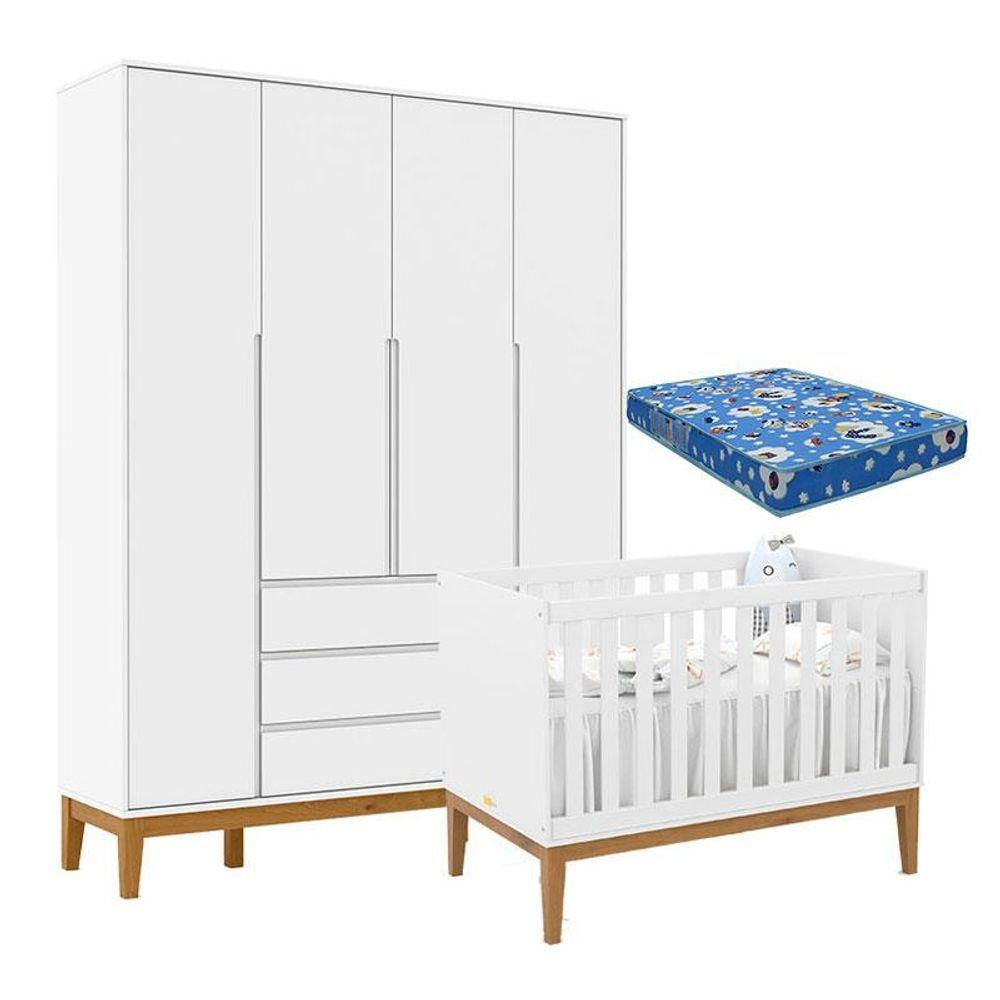 Berço Americano Unique E Guarda Roupa 4 Portas Nature Clean Branco Soft Eco Wood E Colchão Ortobom