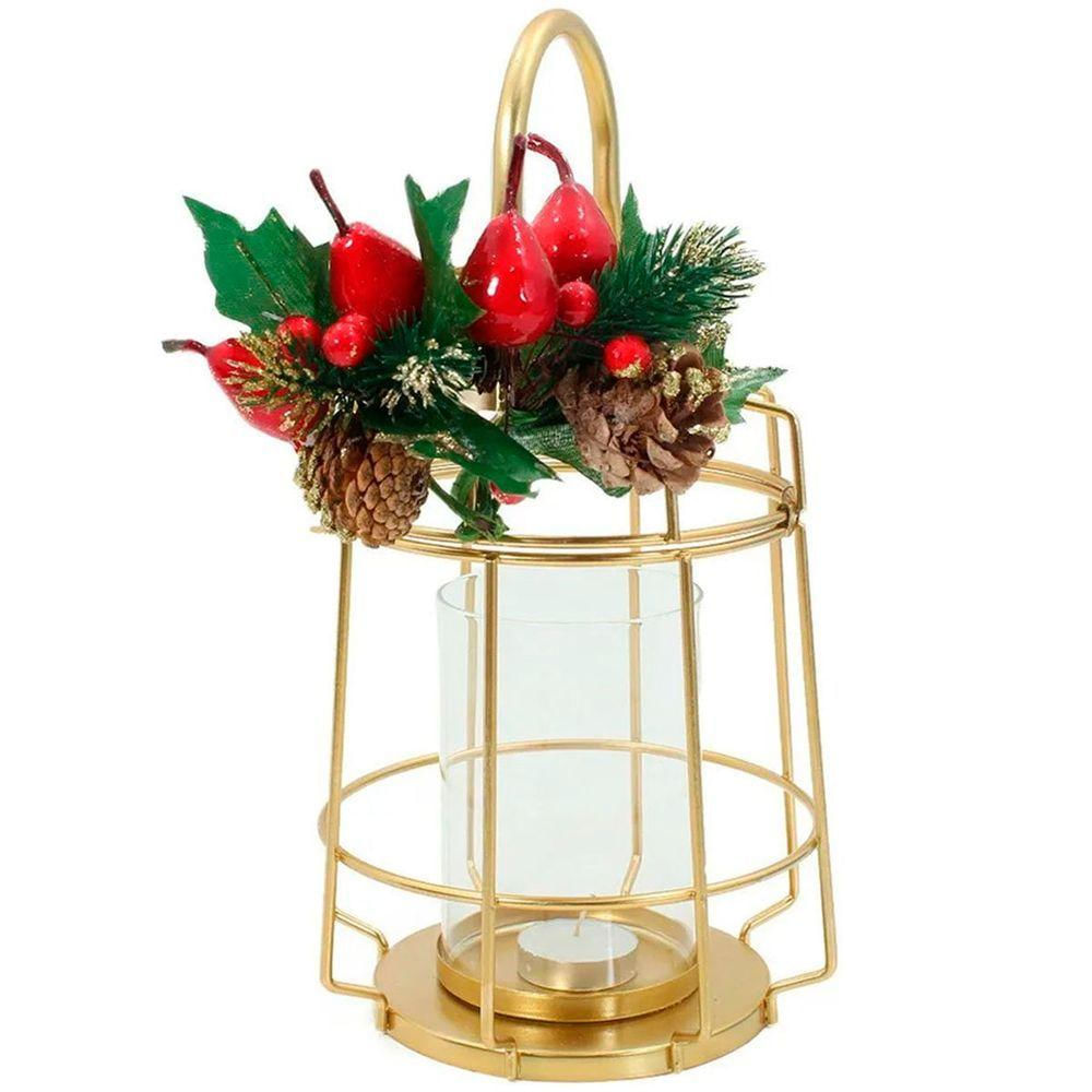 Luminária Lamparina Natal Dourada Em Metal Decorativa 30cm